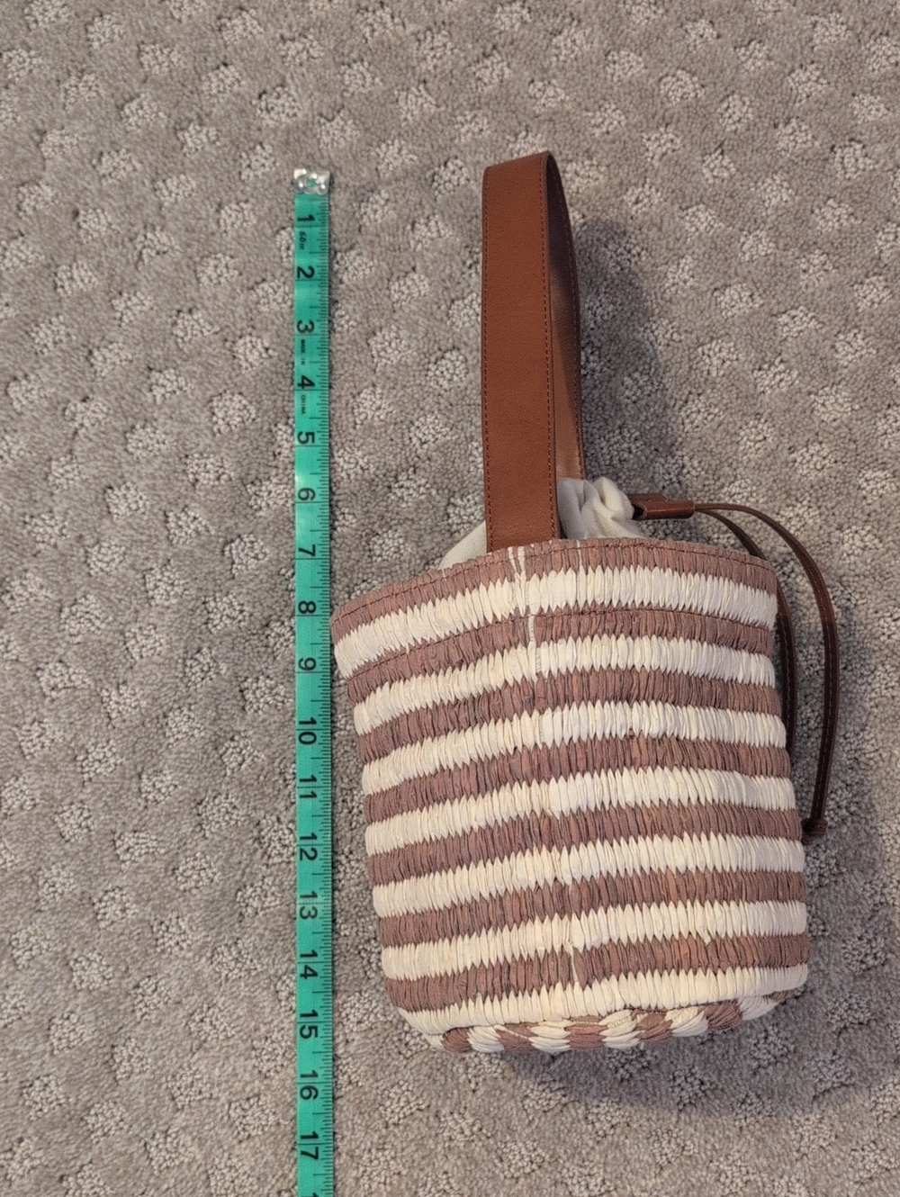 Ann Taylor Raffia, Leather Striped Bucket Bag drawstring Closure - Picture 5 of 12